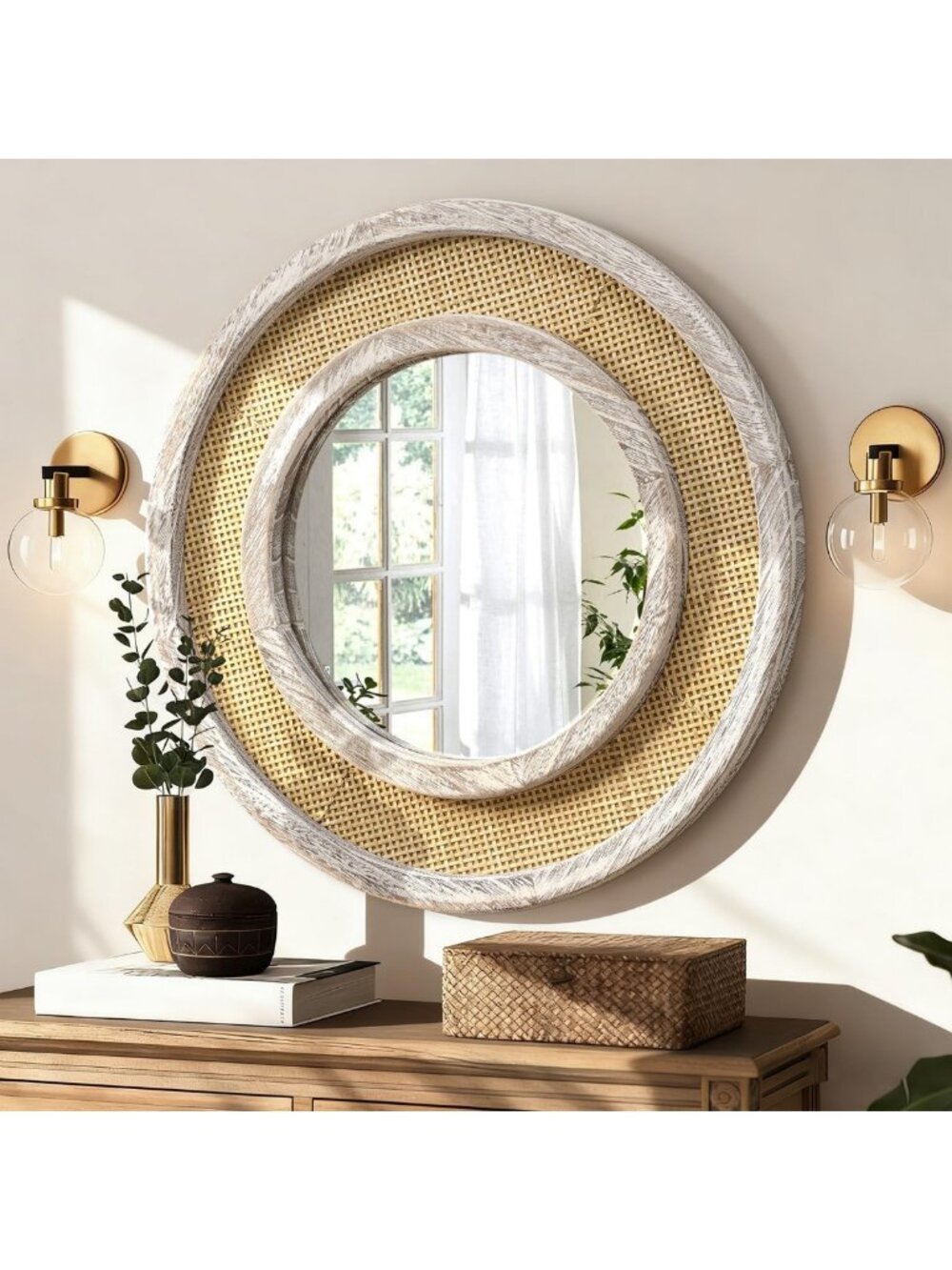 Vintage 20-Inch Round Wood Frame Mirror - Wall-Mounted Circle Decor for Living